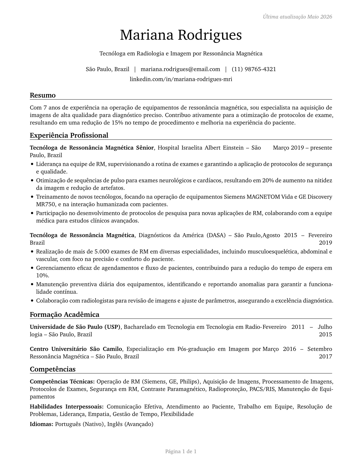 Magnetic Resonance Imaging Technologists CV in Portuguese — page 1