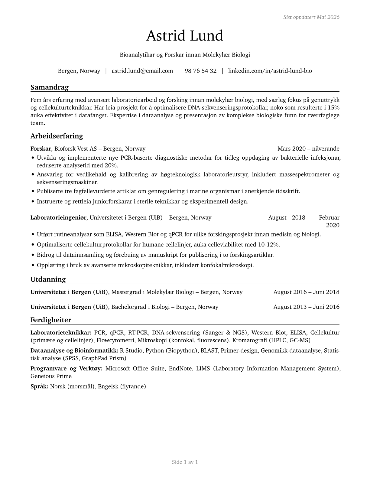 Life Scientists, All Other CV in Norwegian_nynorsk — page 1