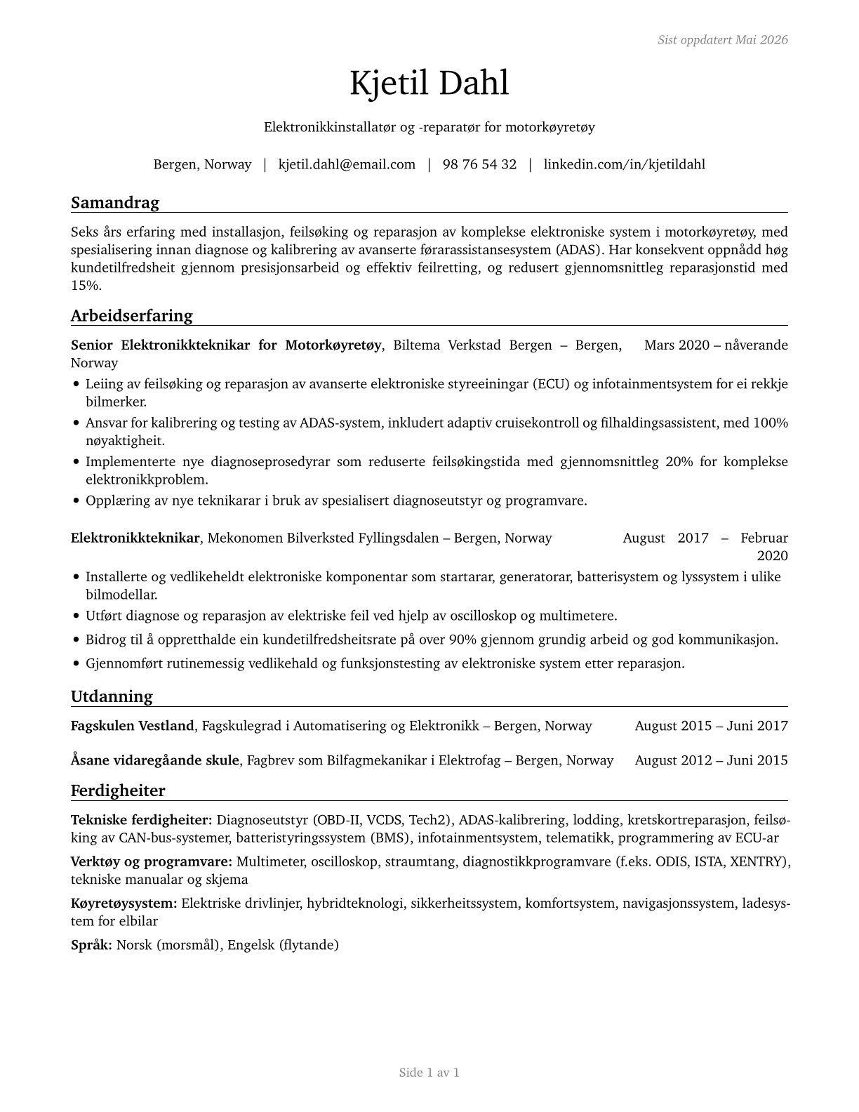 Electronic Equipment Installers and Repairers, Motor Vehicles CV in Norwegian_nynorsk — page 1