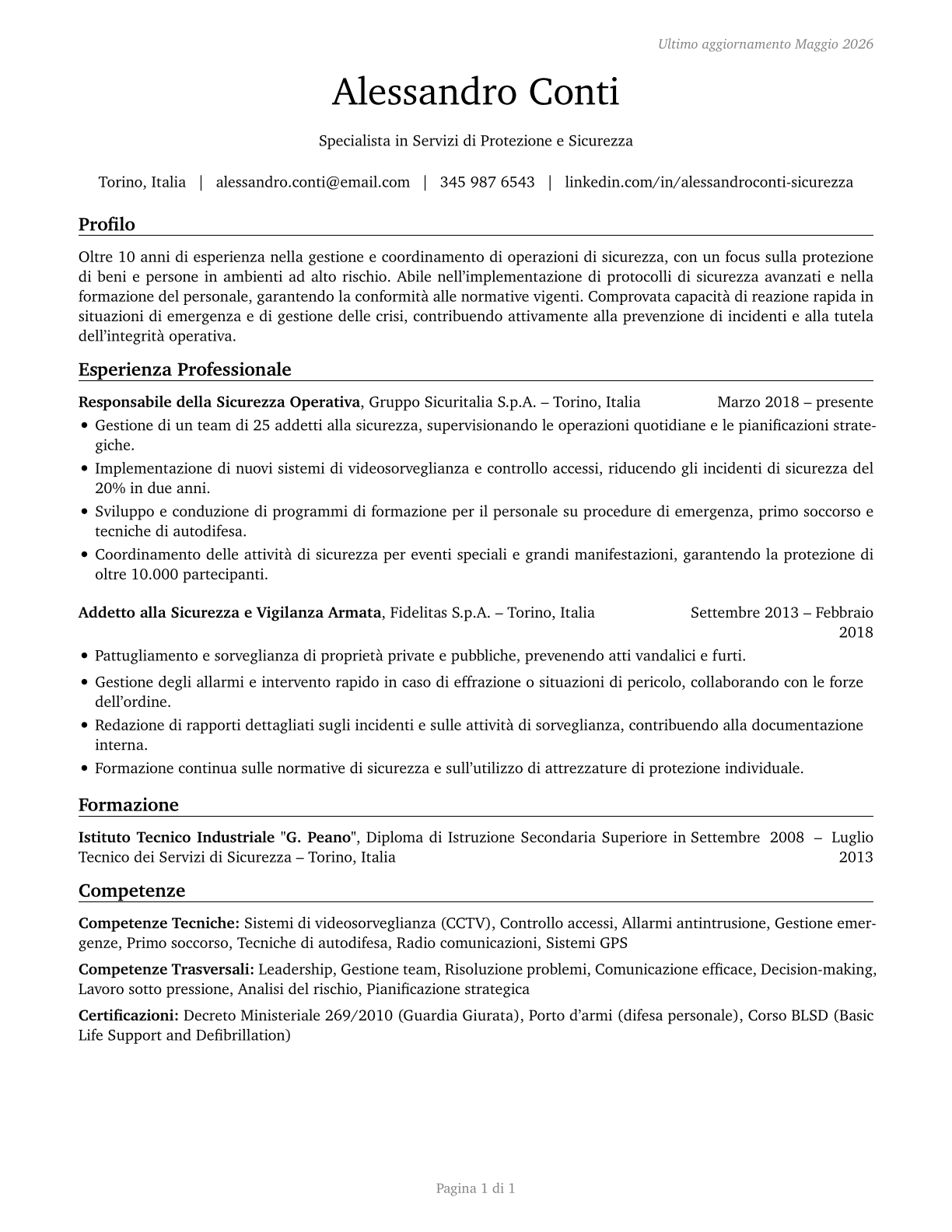 Protective Service Workers, All Other CV in Italian — page 1