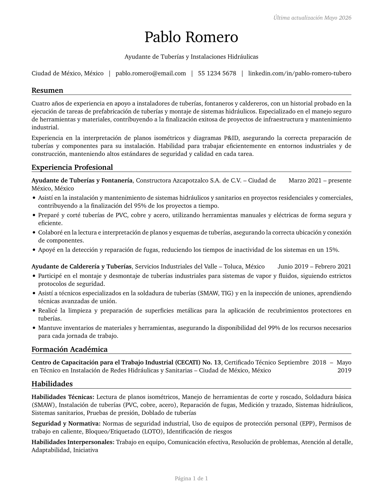 Helpers--Pipelayers, Plumbers, Pipefitters, and Steamfitters CV in Spanish — page 1