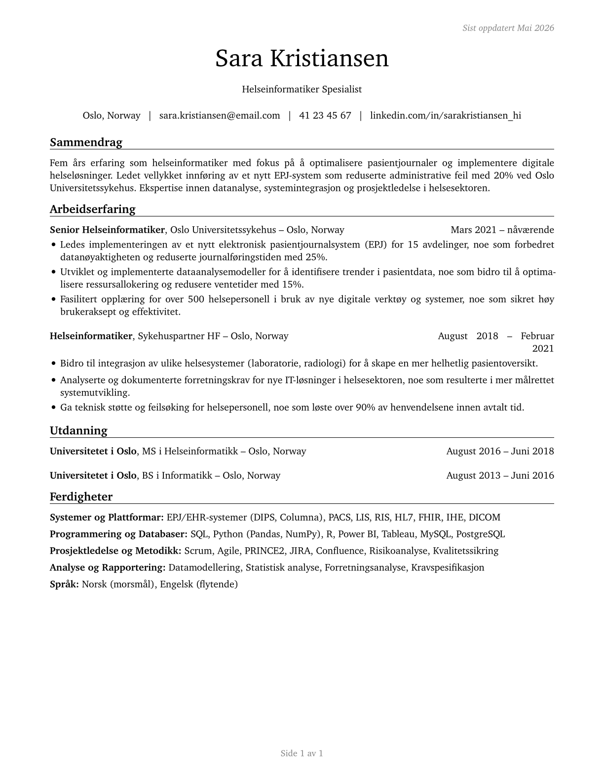 Health Informatics Specialists CV in Norwegian_bokmal — page 1