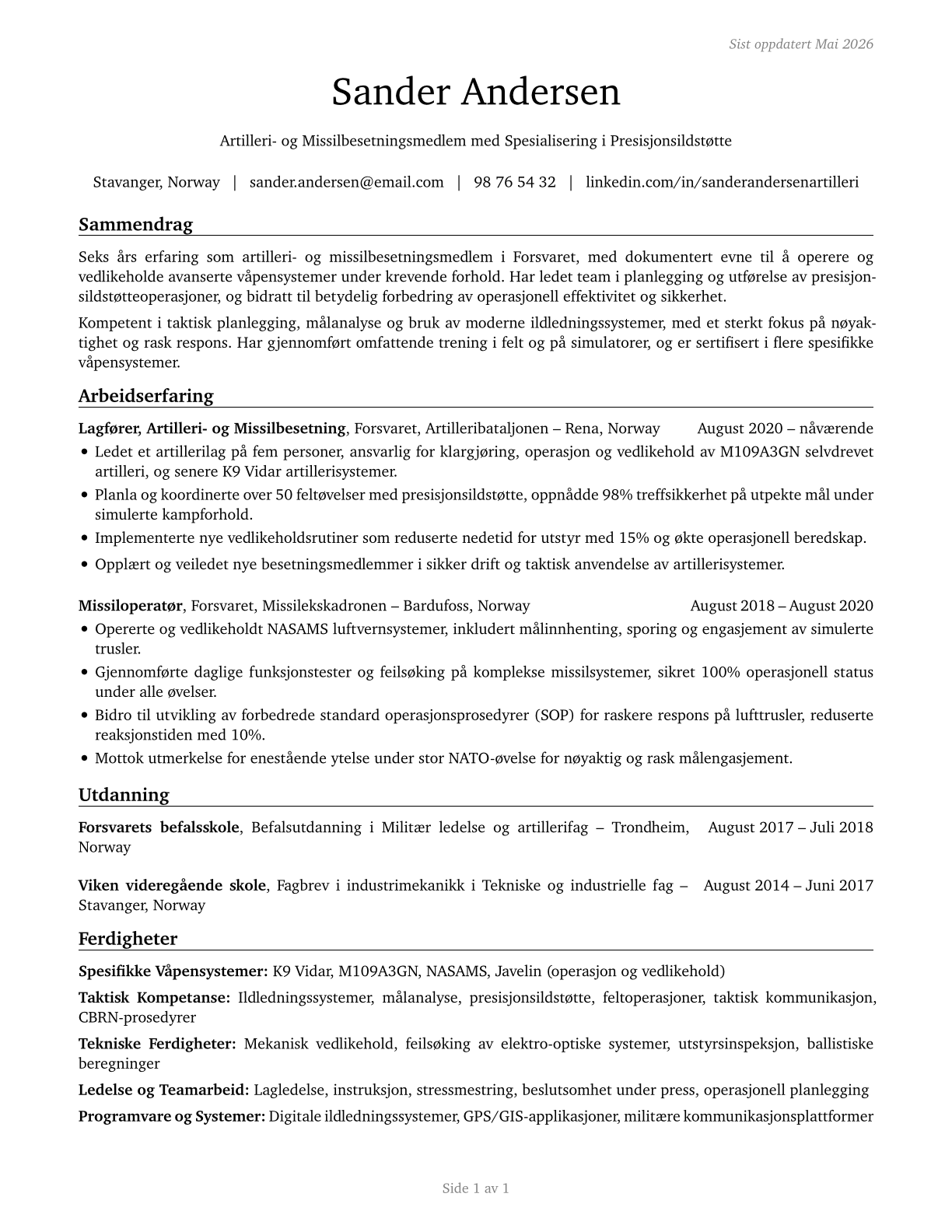 Artillery and Missile Crew Members CV in Norwegian_bokmal — page 1