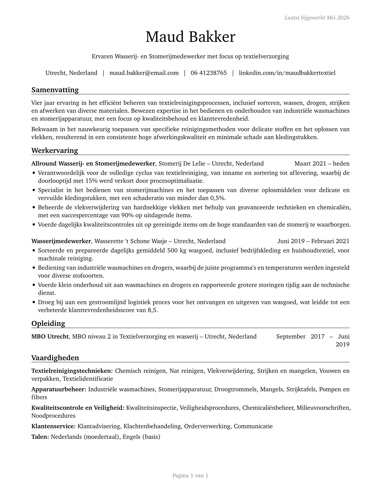 Laundry and Dry-Cleaning Workers CV in Dutch — page 1