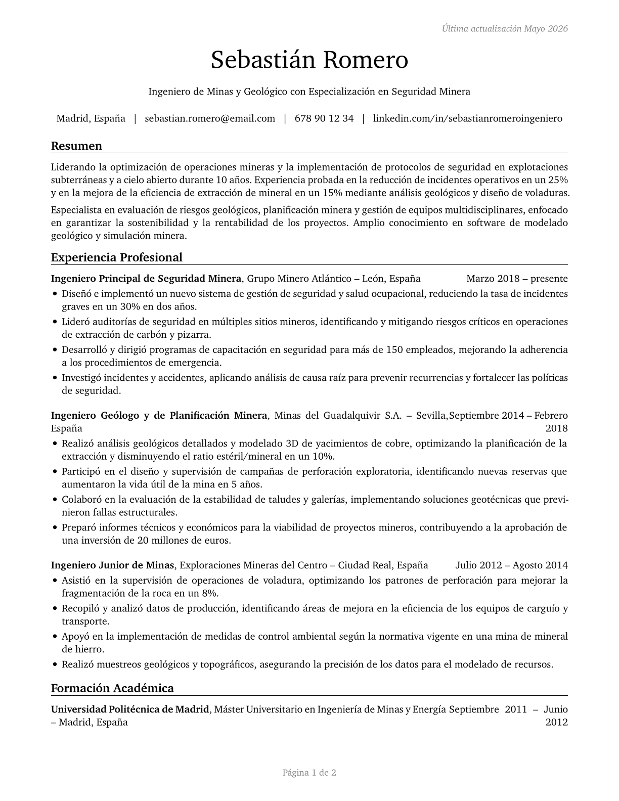 Mining and Geological Engineers, Including Mining Safety Engineers CV in Spanish — page 1