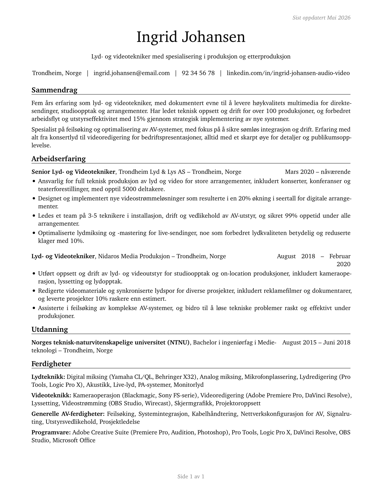 Audio and Video Technicians CV in Norwegian_bokmal — page 1