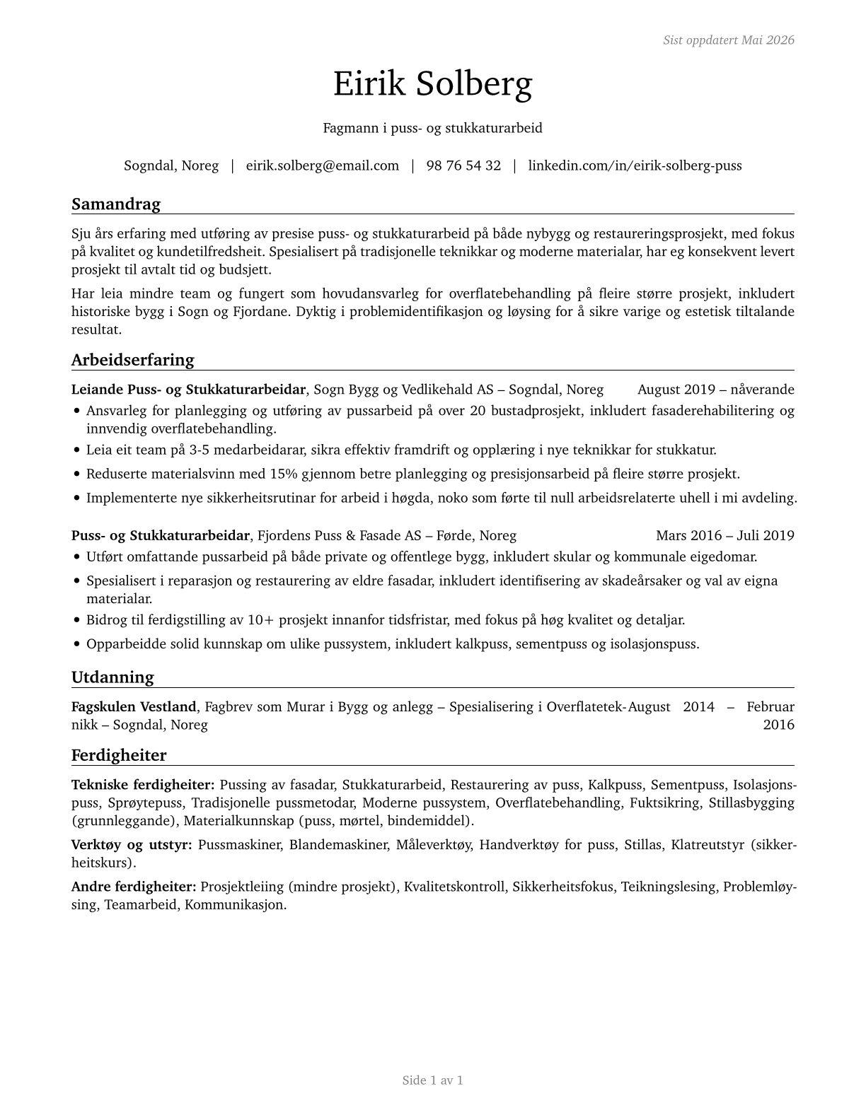 Plasterers and Stucco Masons CV in Norwegian_nynorsk — page 1
