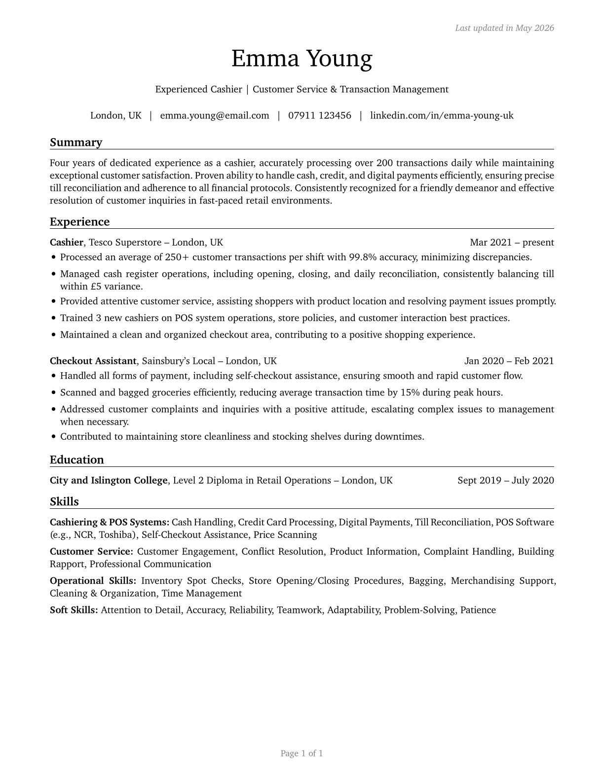 Cashiers CV in English — page 1