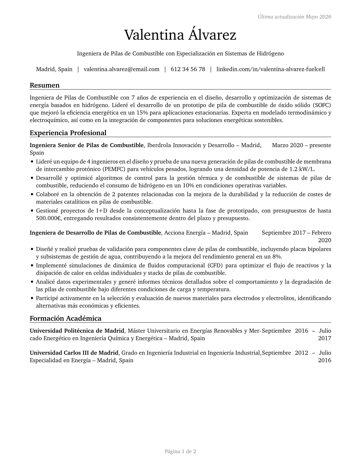 Fuel Cell Engineers CV in Spanish — page 1