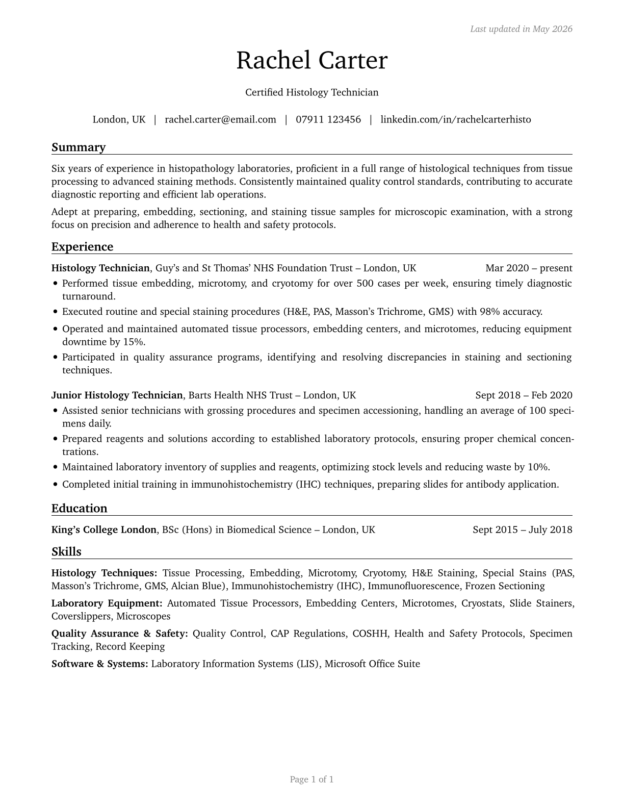 Histology Technicians CV in English — page 1