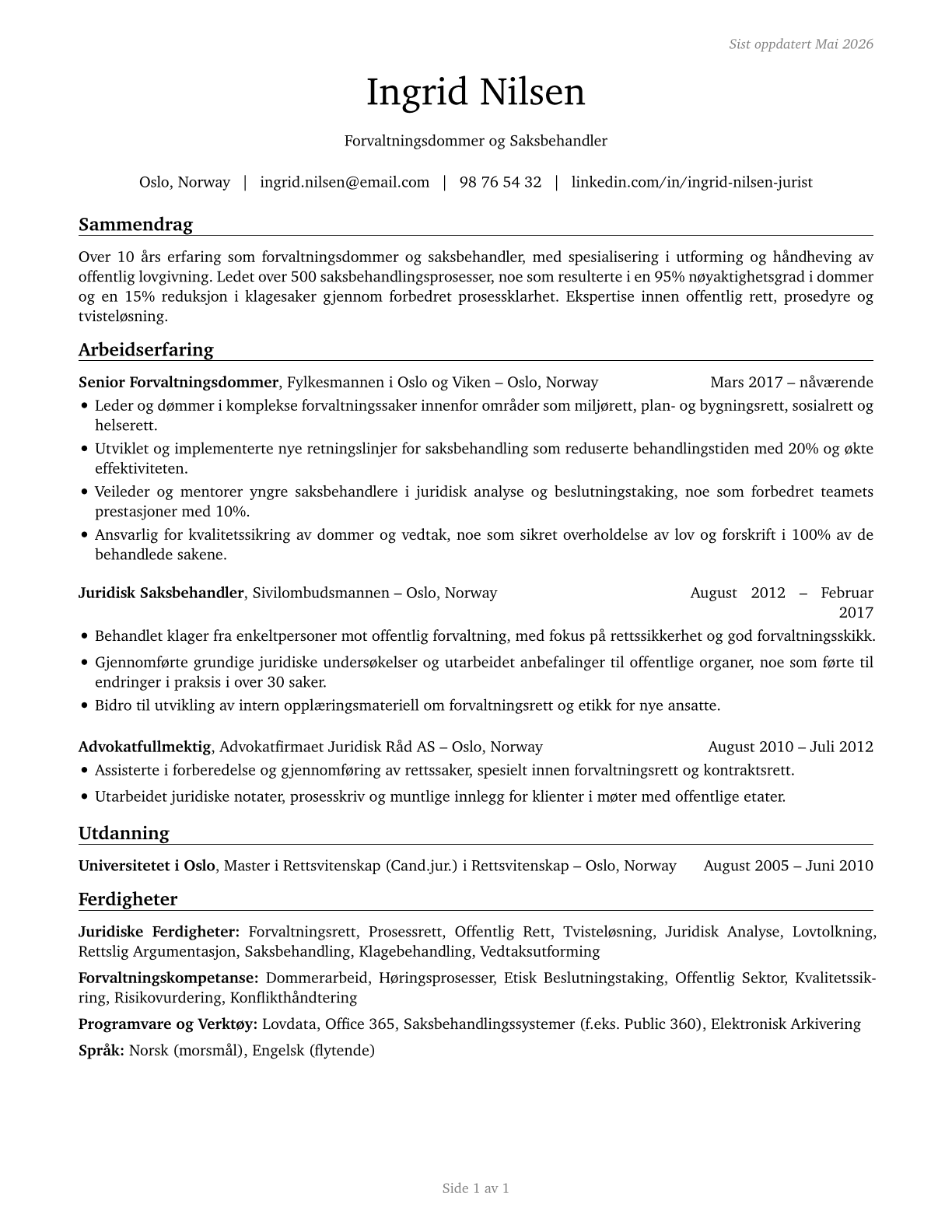 Administrative Law Judges, Adjudicators, and Hearing Officers CV in Norwegian_bokmal — page 1