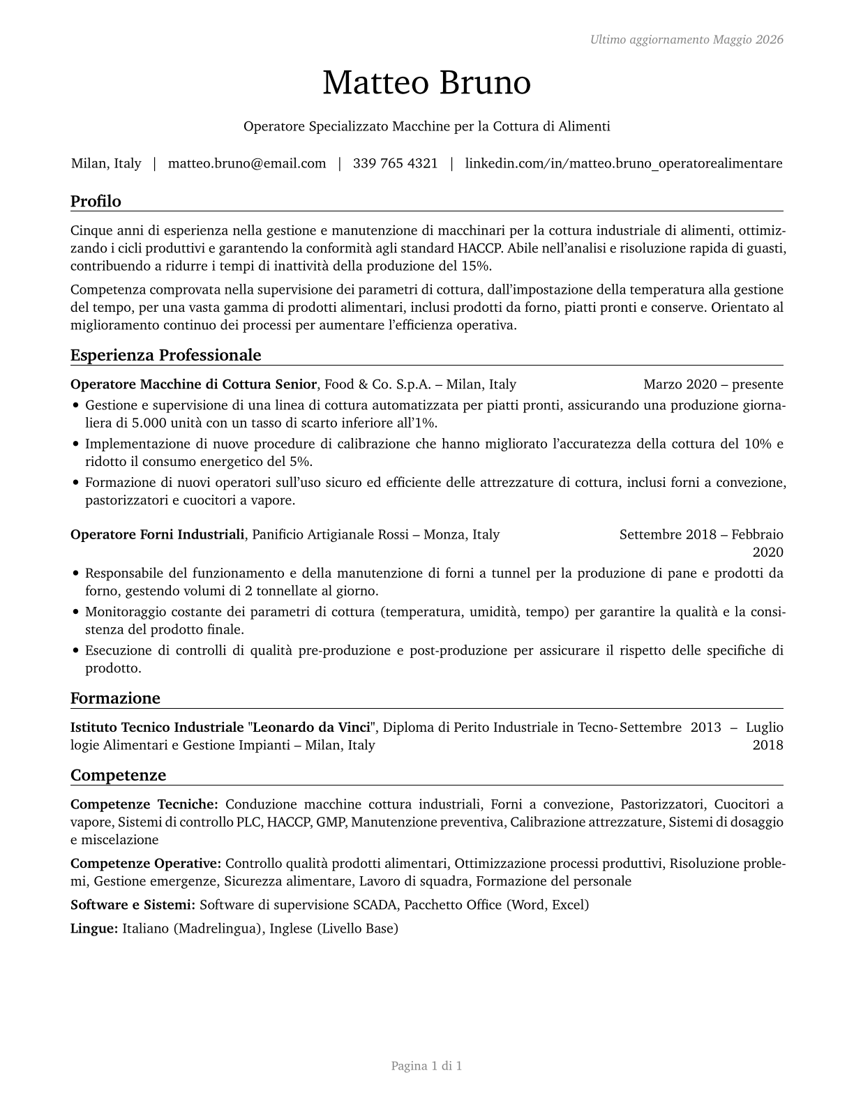 Food Cooking Machine Operators and Tenders CV in Italian — page 1