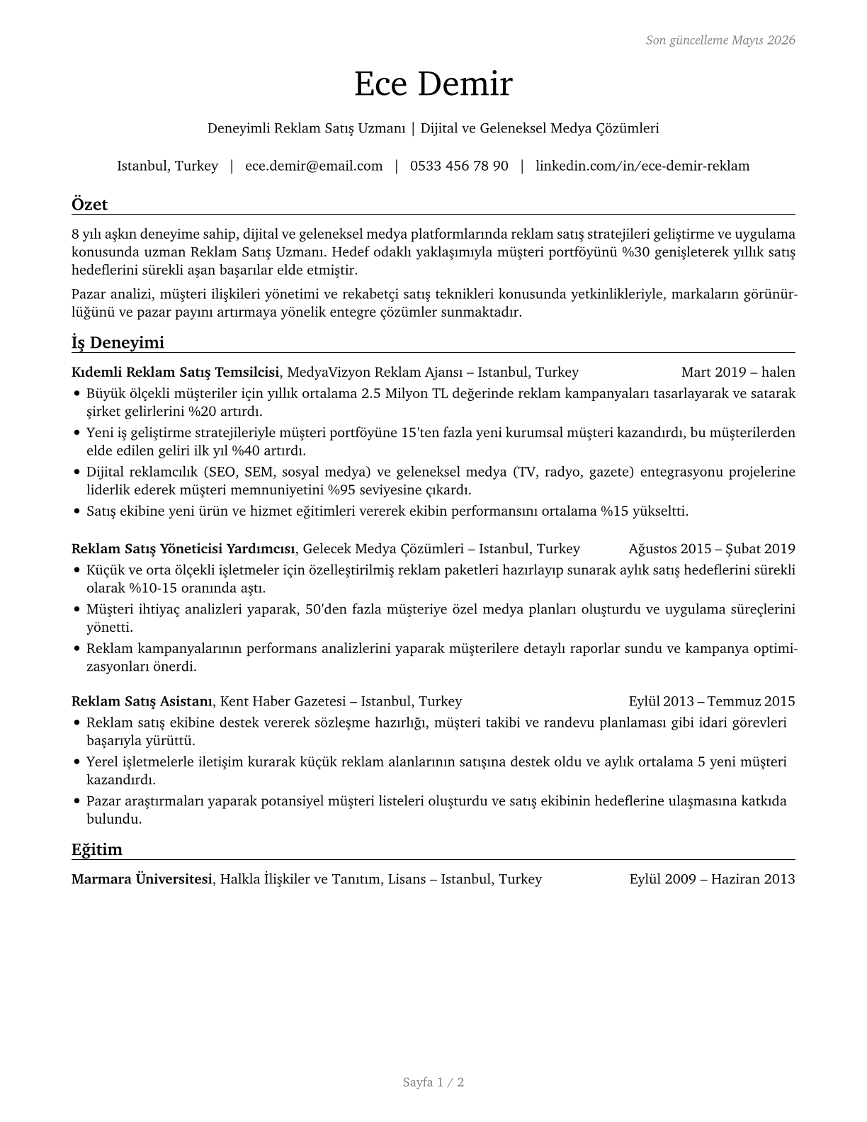 Advertising Sales Agents CV in Turkish — page 1