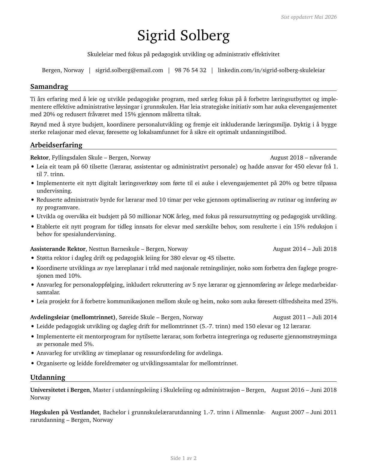 Education Administrators, Kindergarten through Secondary CV in Norwegian_nynorsk — page 1