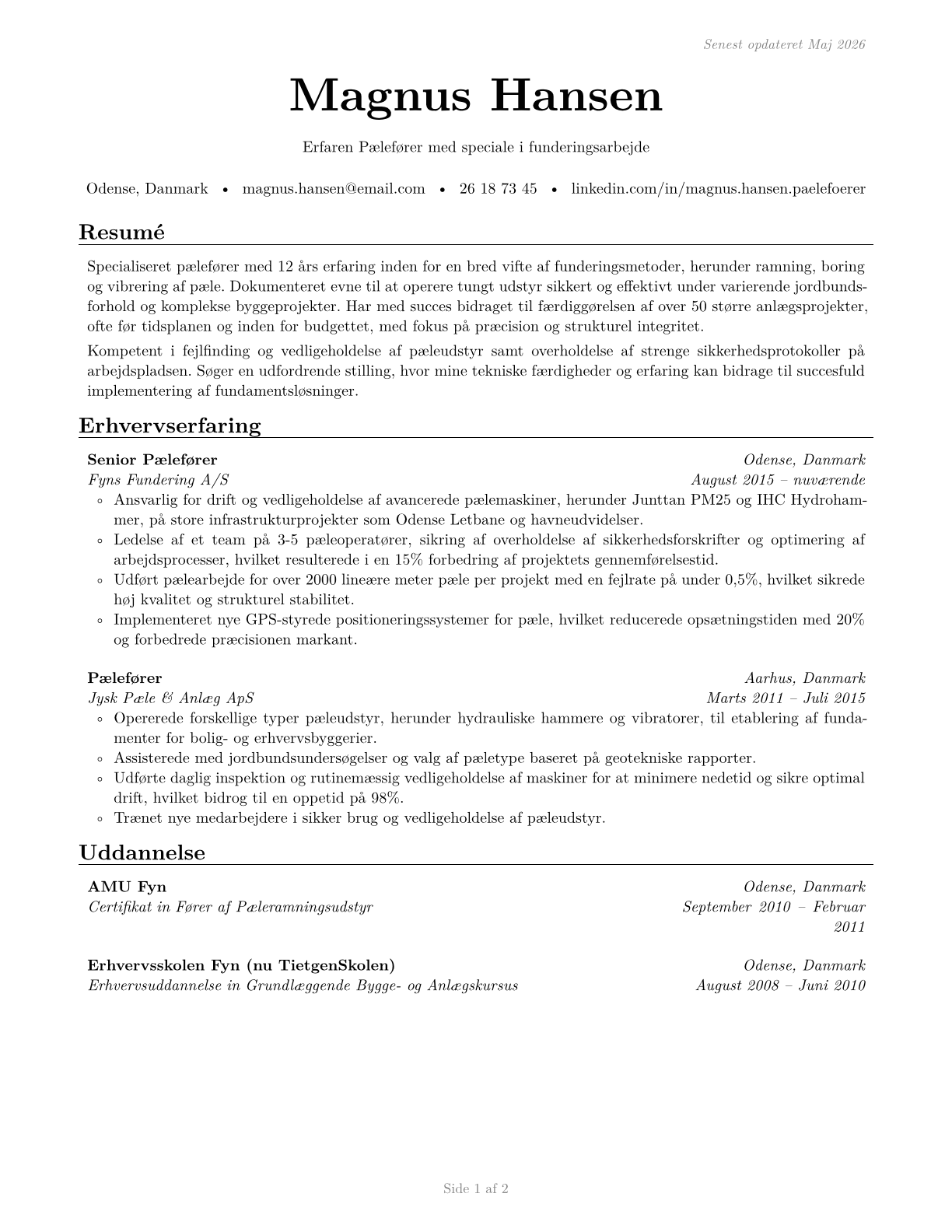 Pile Driver Operators CV in Danish — page 1