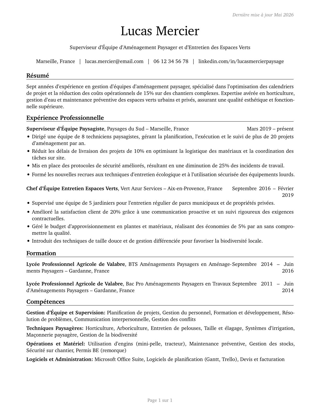 First-Line Supervisors of Landscaping, Lawn Service, and Groundskeeping Workers CV in French — page 1