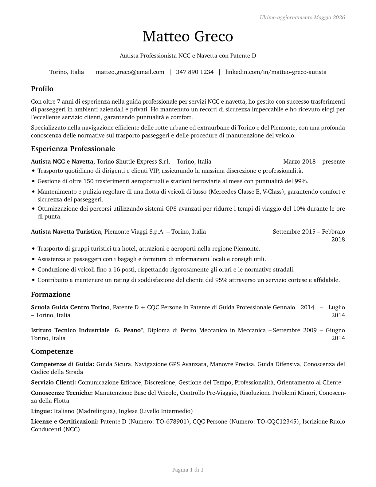 Shuttle Drivers and Chauffeurs CV in Italian — page 1