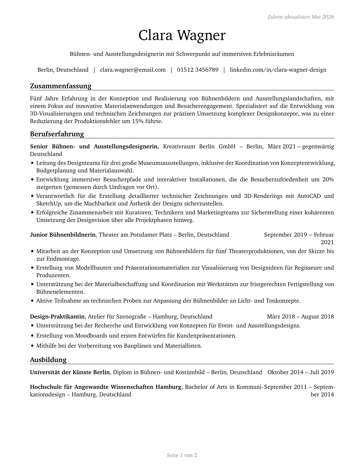 Set and Exhibit Designers CV in German — page 1