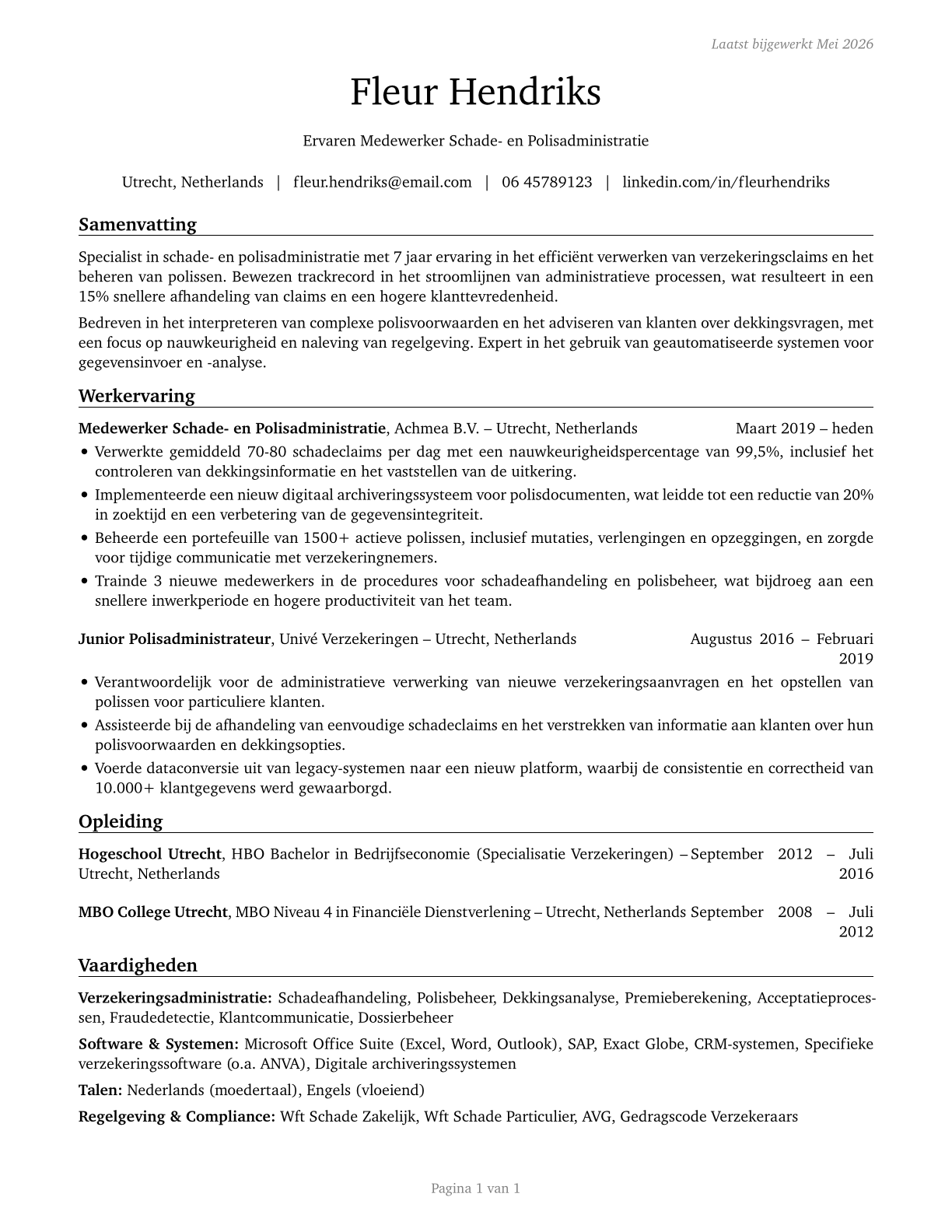 Insurance Claims and Policy Processing Clerks CV in Dutch — page 1
