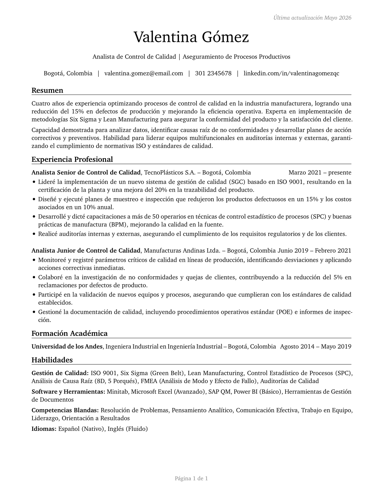 Quality Control Analysts CV in Spanish — page 1