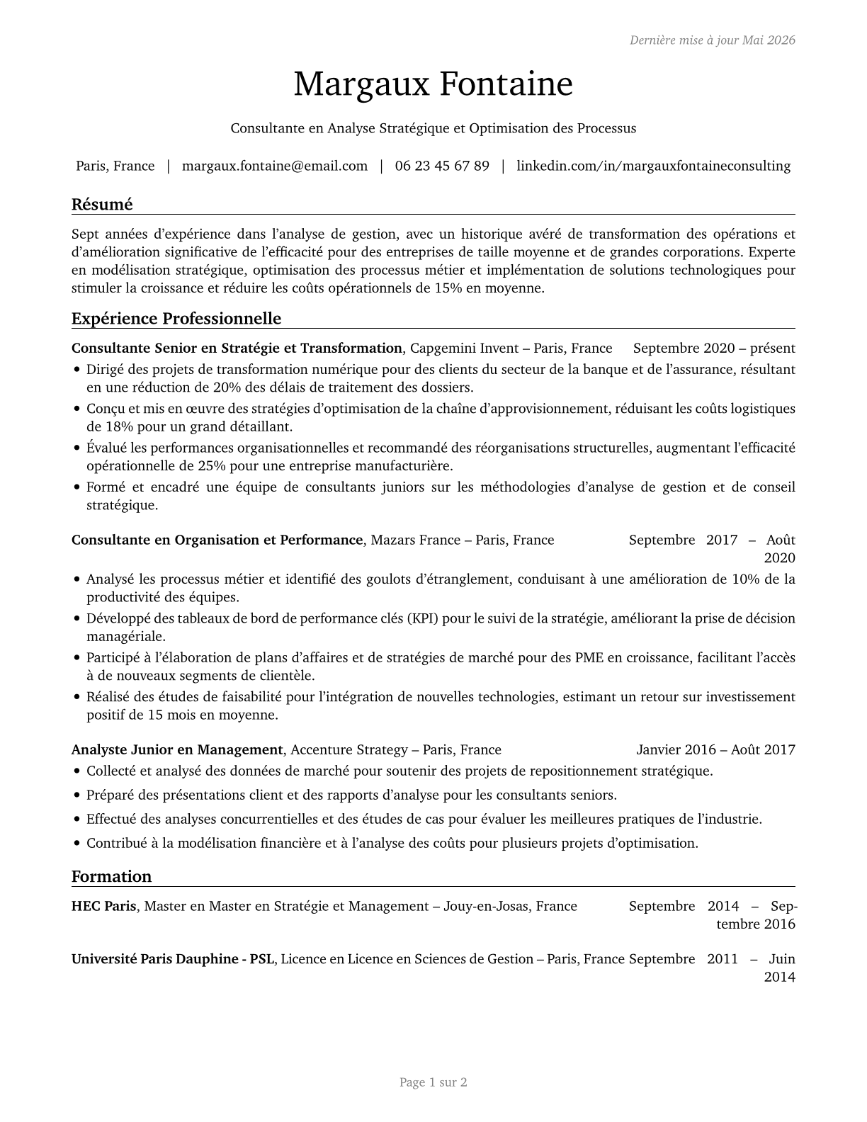 Management Analysts CV in French — page 1