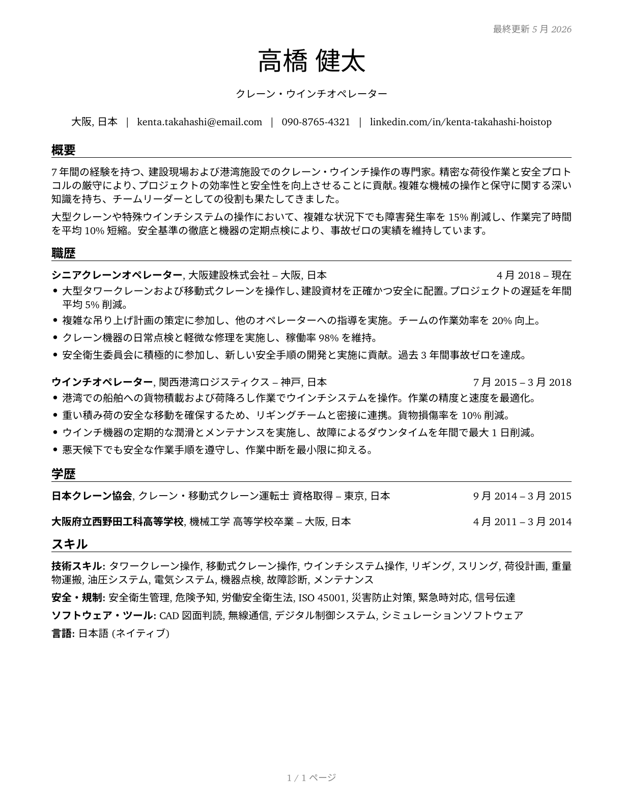 Hoist and Winch Operators CV in Japanese — page 1