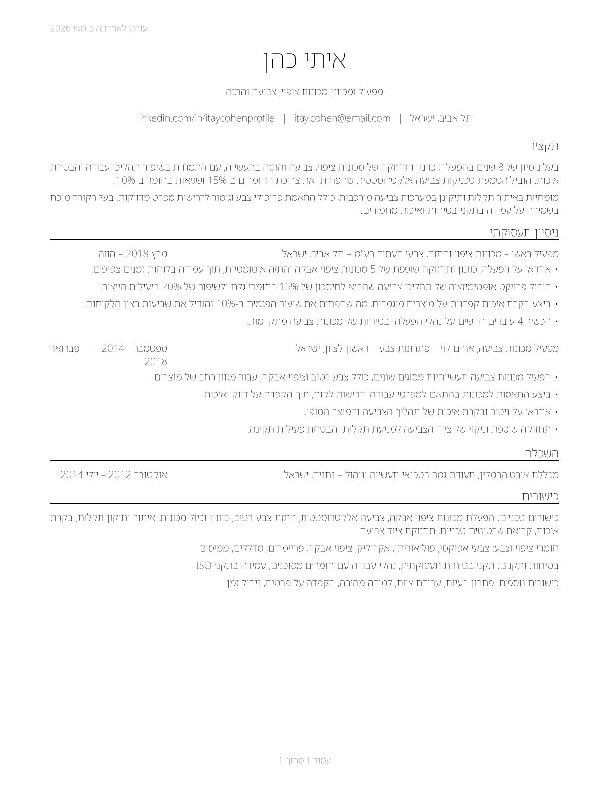 Coating, Painting, and Spraying Machine Setters, Operators, and Tenders CV in Hebrew — page 1