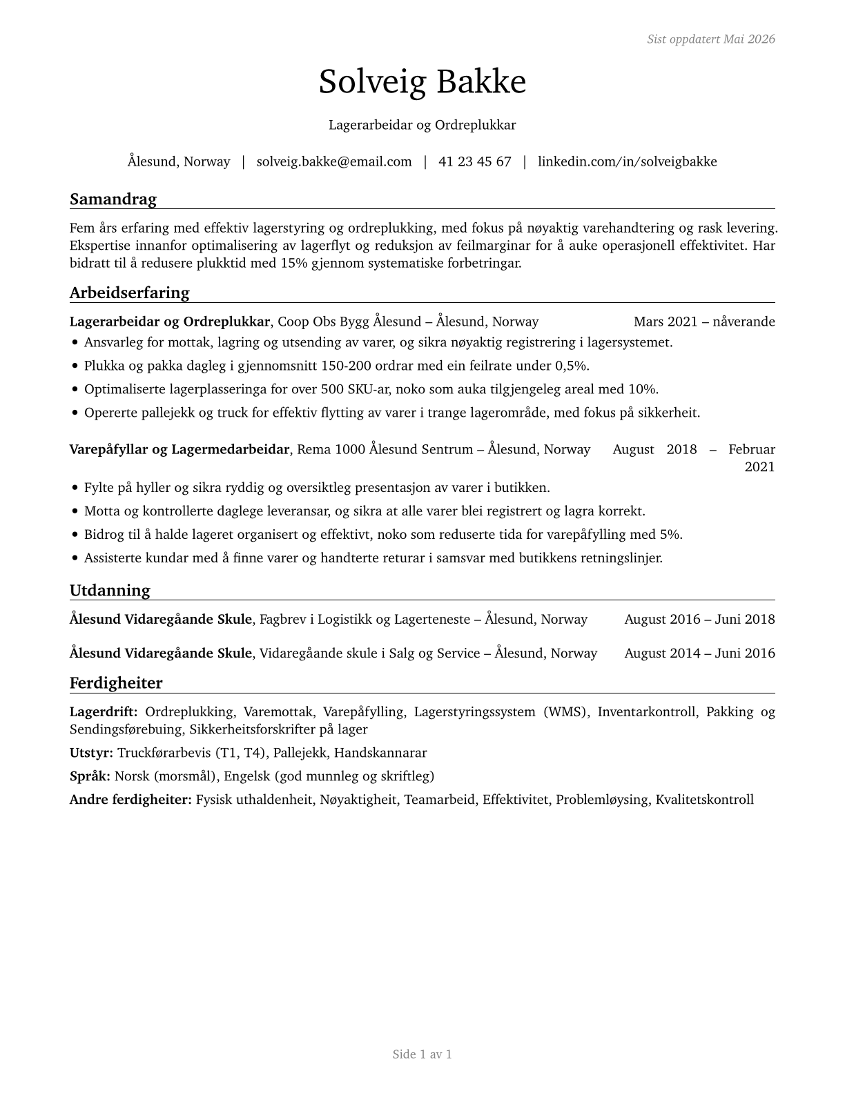 Stockers and Order Fillers CV in Norwegian_nynorsk — page 1