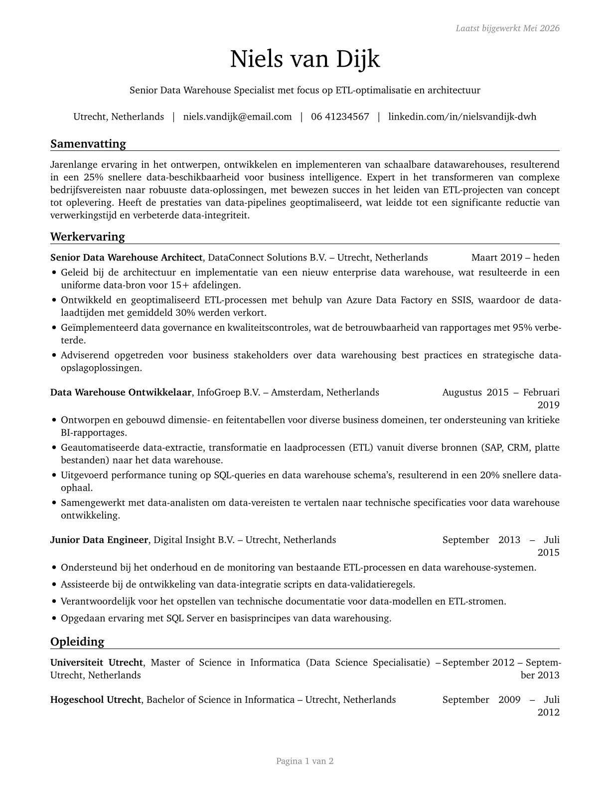 Data Warehousing Specialists CV in Dutch — page 1
