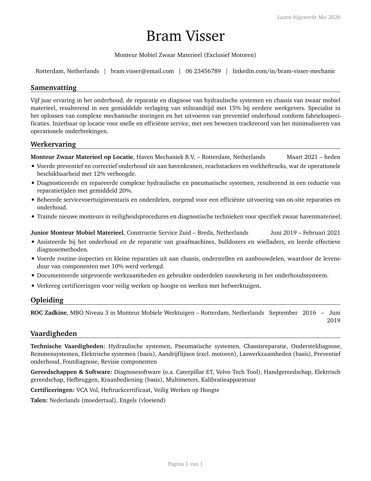 Mobile Heavy Equipment Mechanics, Except Engines CV in Dutch — page 1