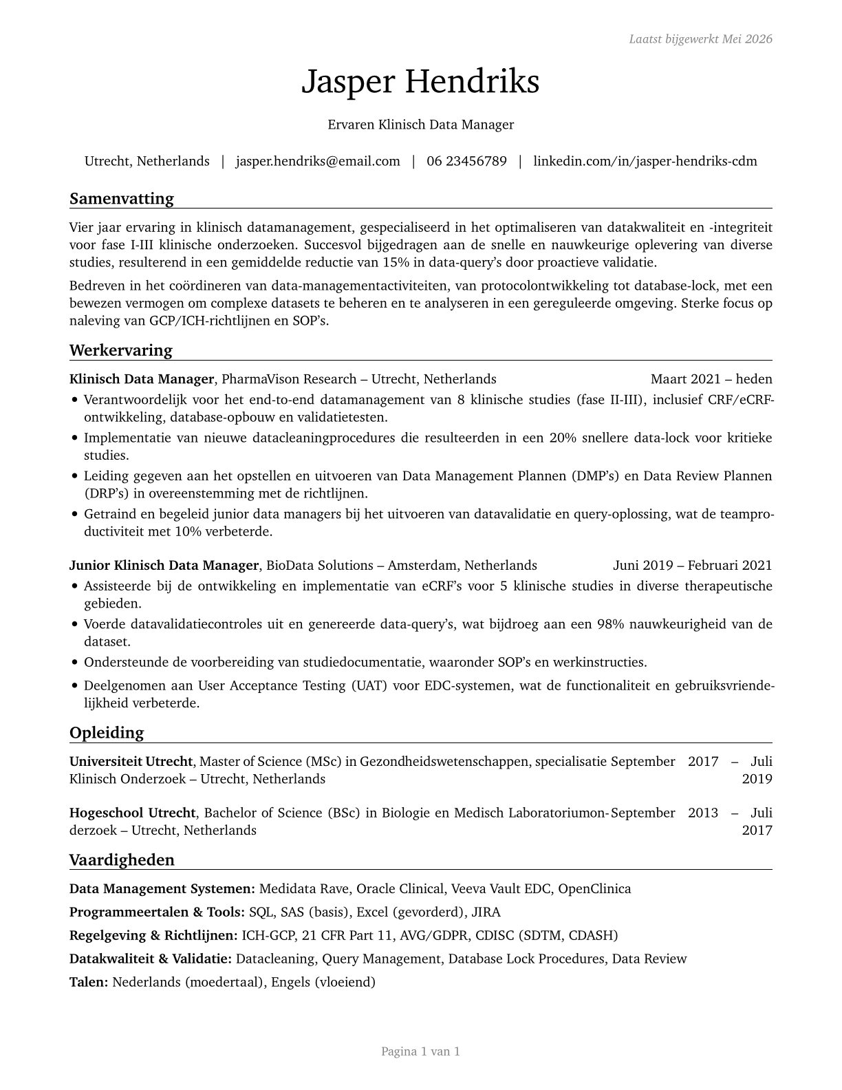 Clinical Data Managers CV in Dutch — page 1