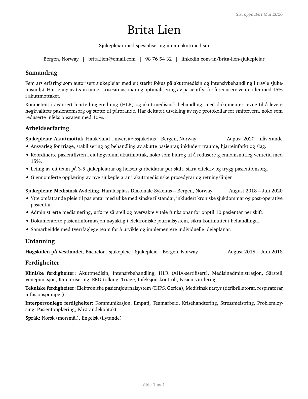 Registered Nurses CV in Norwegian_nynorsk — page 1