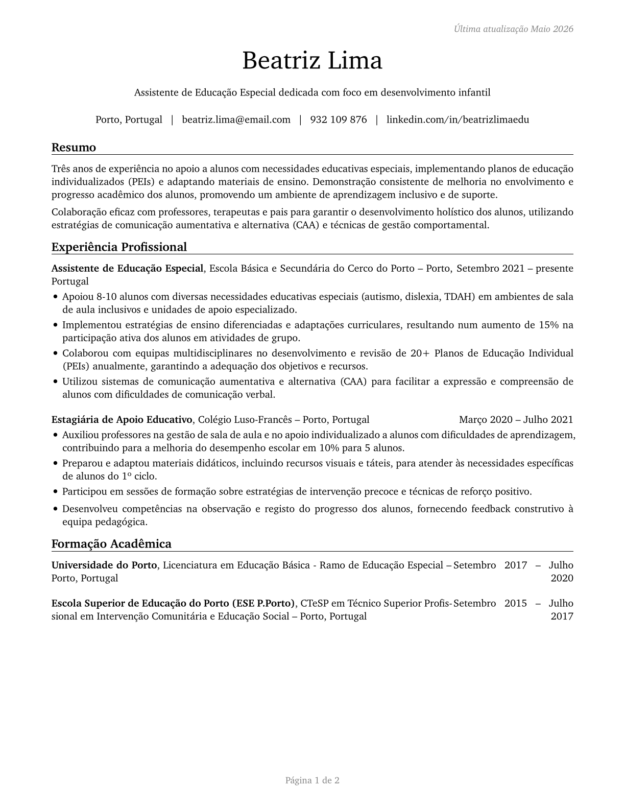 Teaching Assistants, Special Education CV in Portuguese — page 1