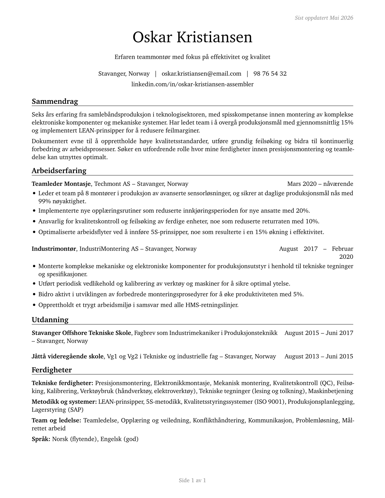 Team Assemblers CV in Norwegian_bokmal — page 1