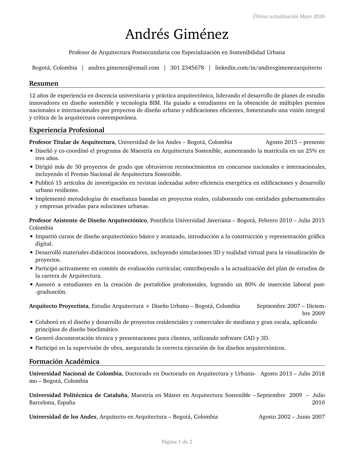Architecture Teachers, Postsecondary CV in Spanish — page 1