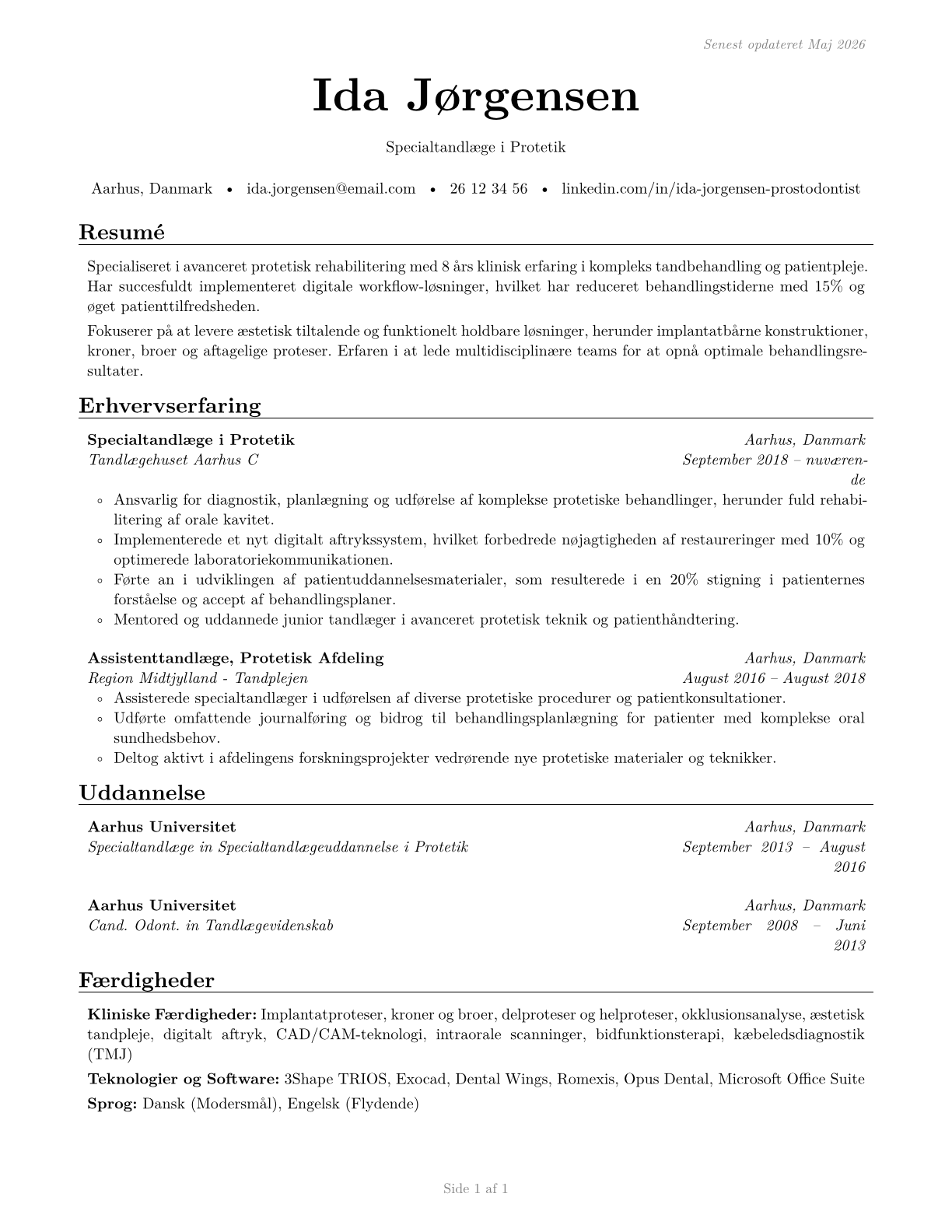Prosthodontists CV in Danish — page 1