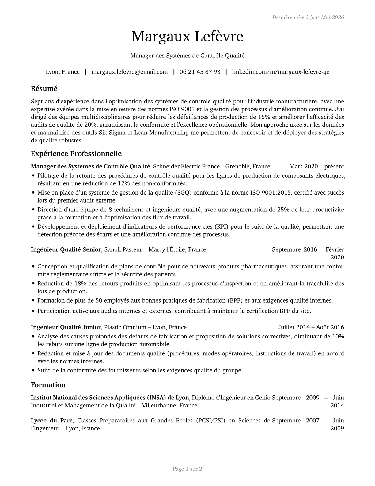 Quality Control Systems Managers CV in French — page 1