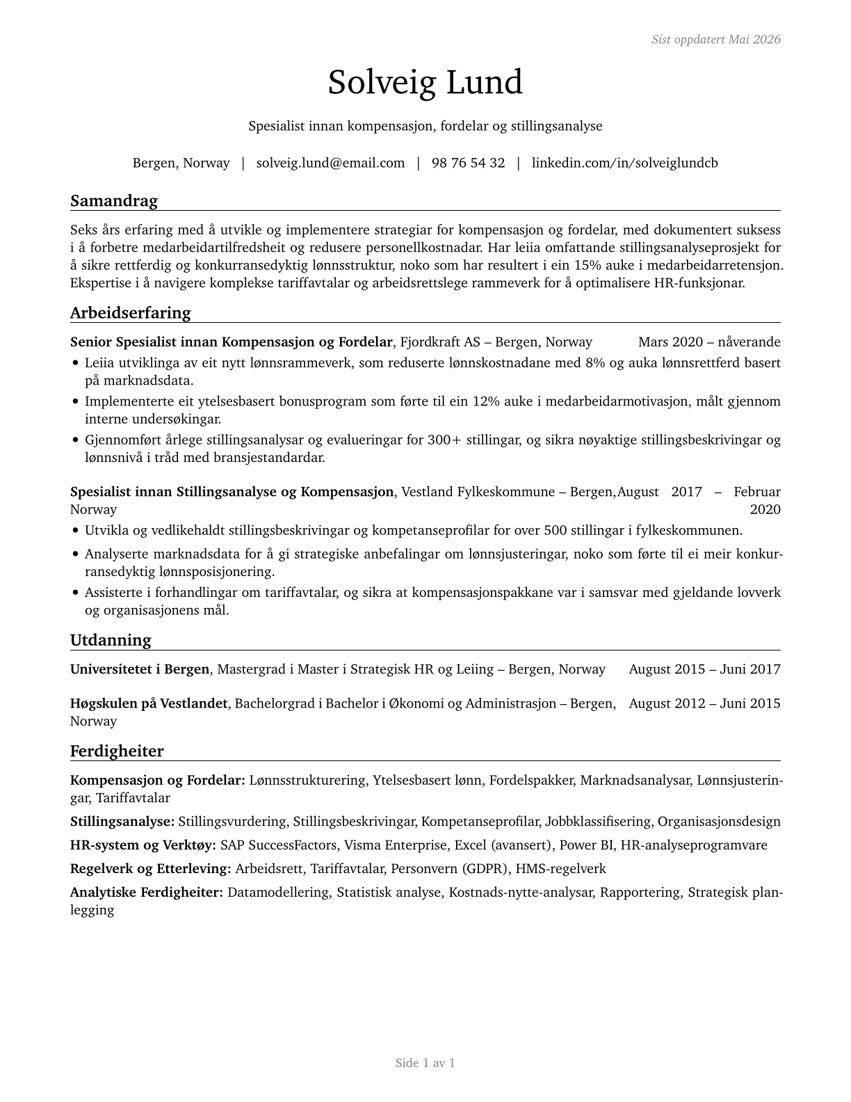 Compensation, Benefits, and Job Analysis Specialists CV in Norwegian_nynorsk — page 1