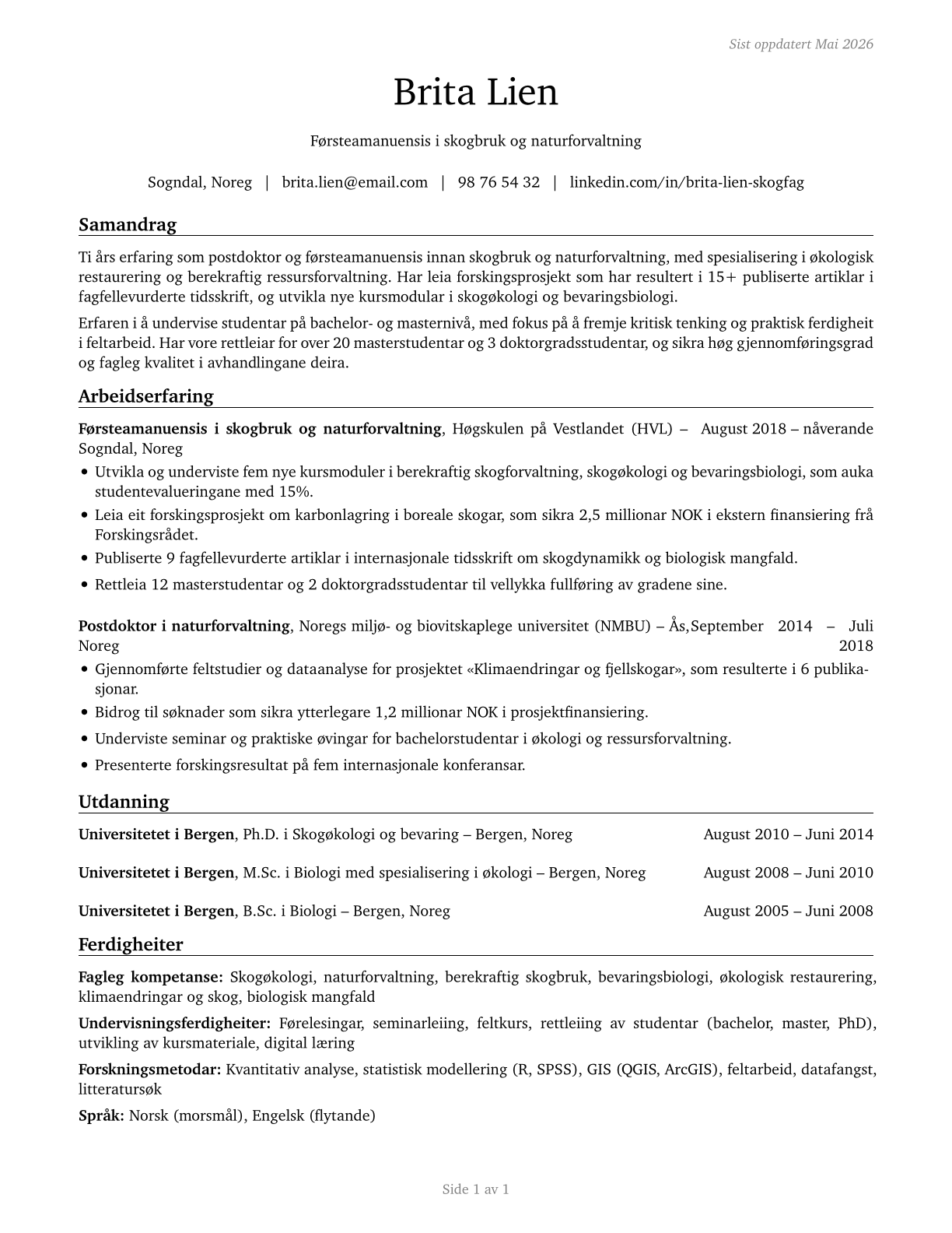 Forestry and Conservation Science Teachers, Postsecondary CV in Norwegian_nynorsk — page 1