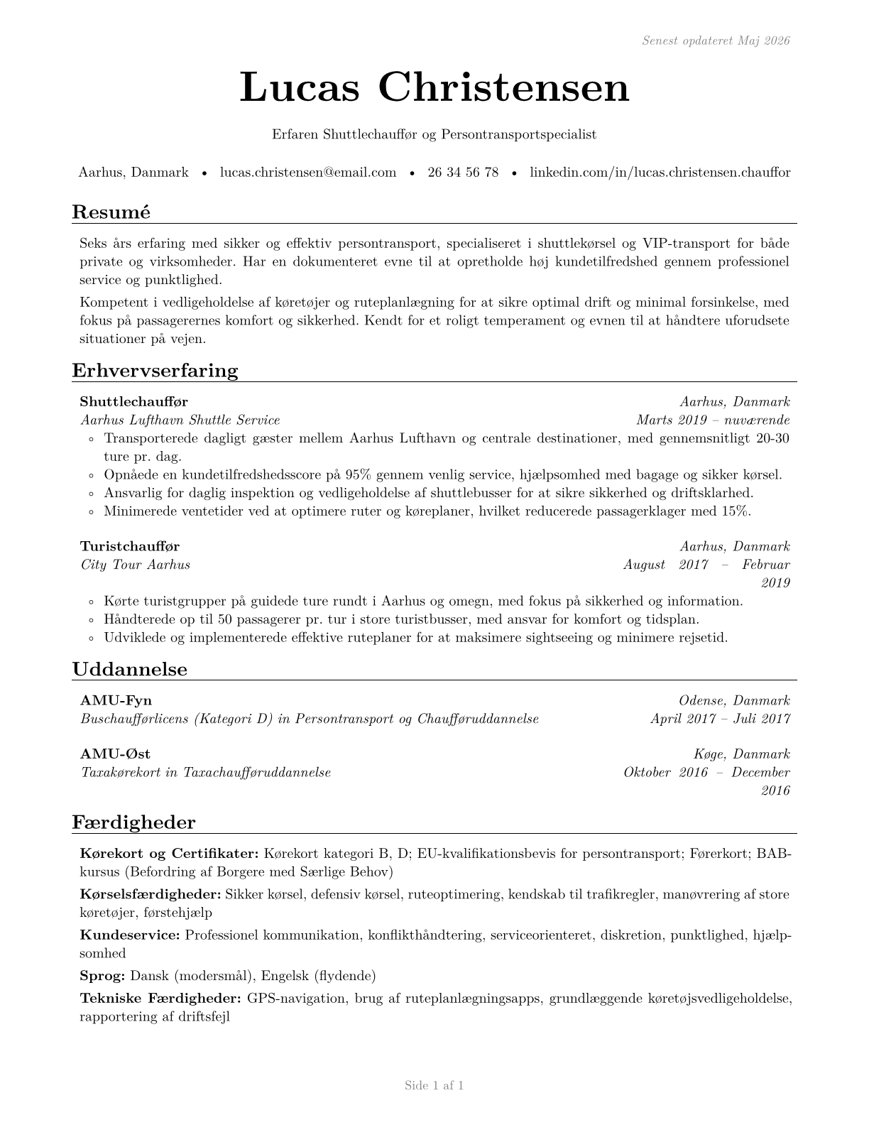 Shuttle Drivers and Chauffeurs CV in Danish — page 1