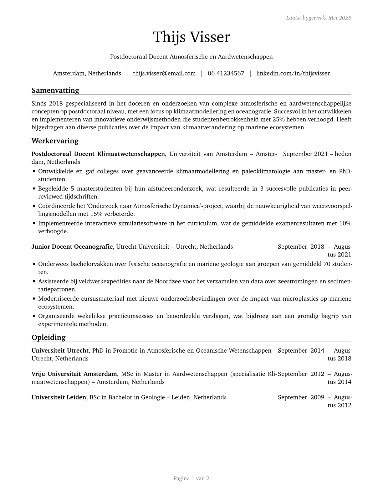 Atmospheric, Earth, Marine, and Space Sciences Teachers, Postsecondary CV in Dutch — page 1