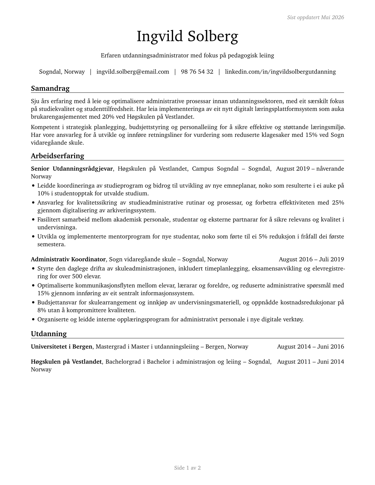 Education Administrators, All Other CV in Norwegian_nynorsk — page 1