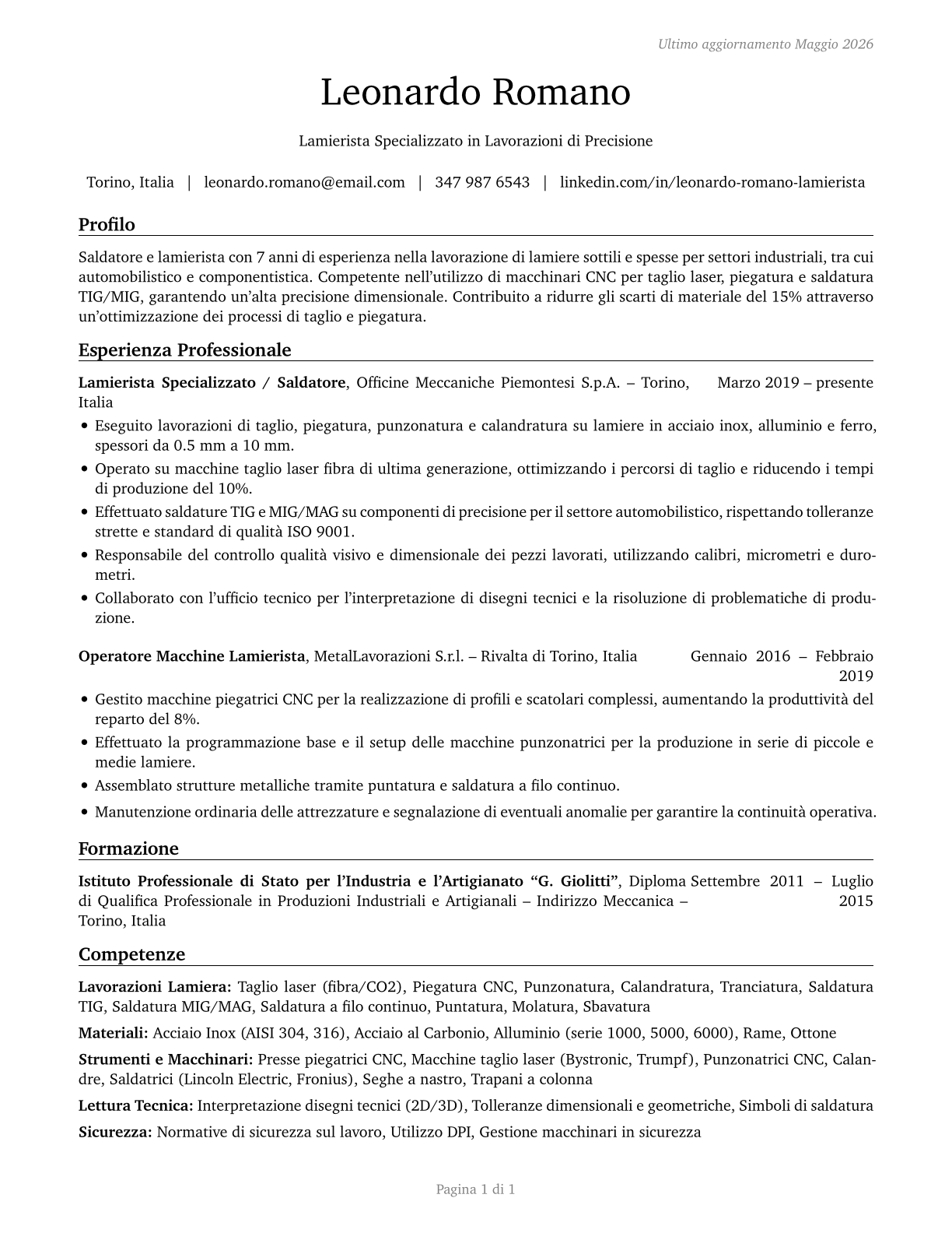 Sheet Metal Workers CV in Italian — page 1