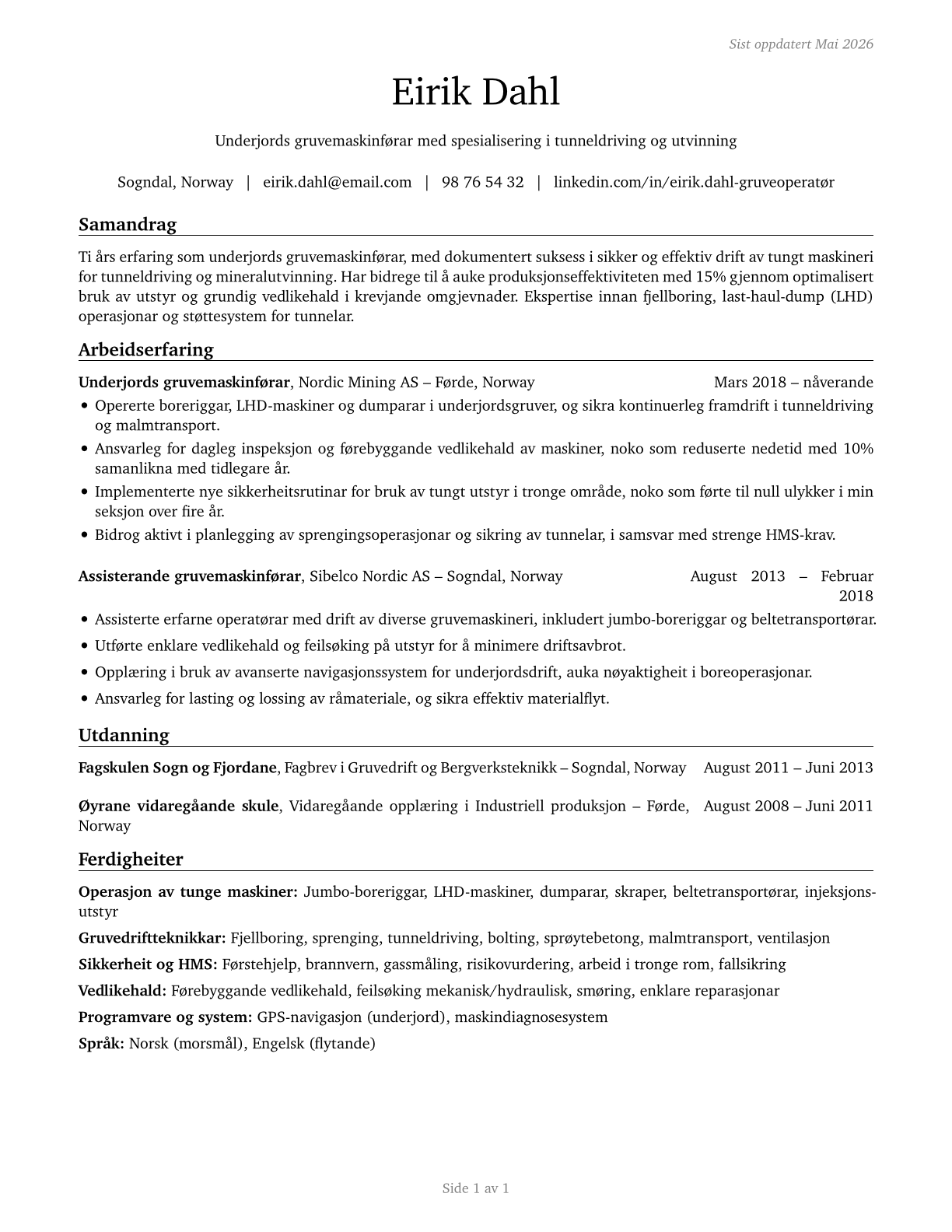 Underground Mining Machine Operators, All Other CV in Norwegian_nynorsk — page 1