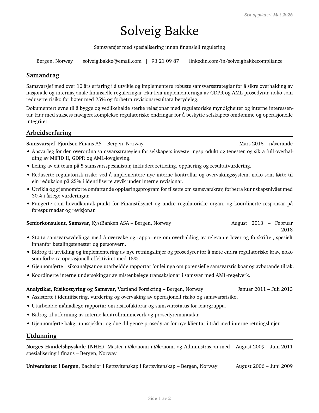 Compliance Managers CV in Norwegian_nynorsk — page 1