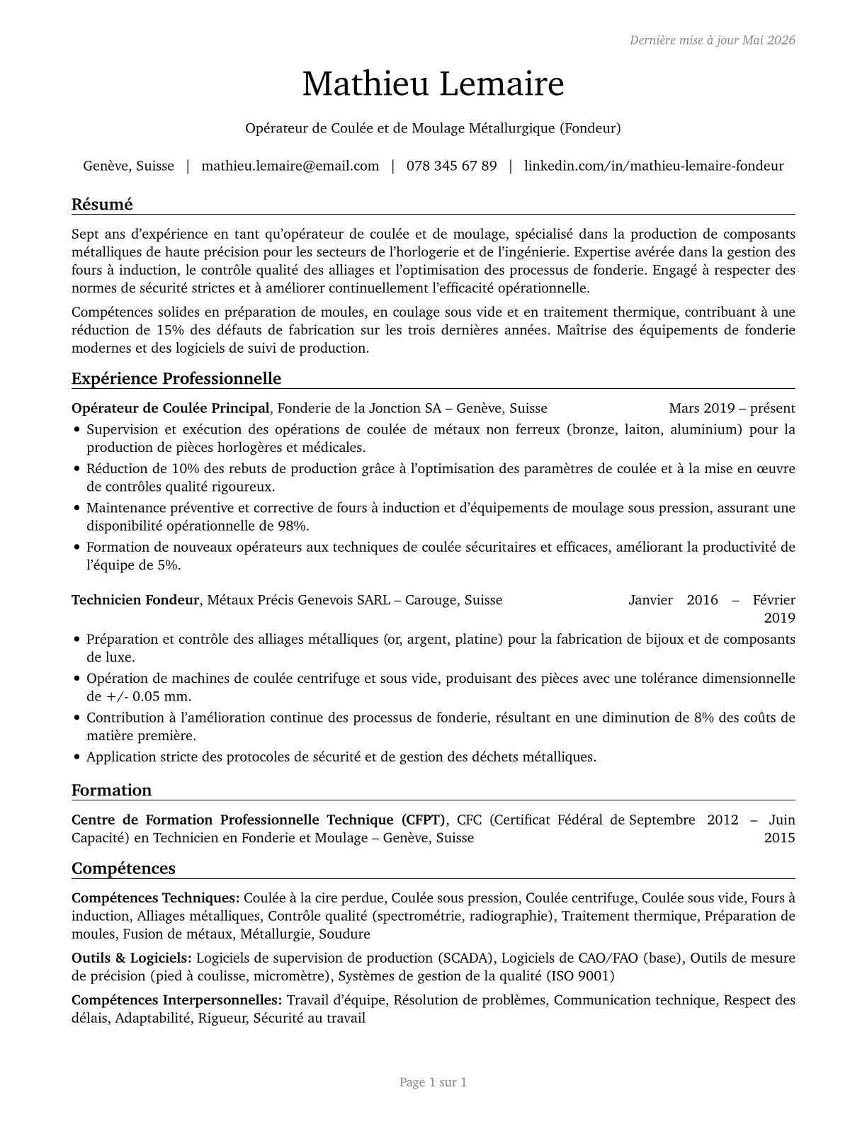 Pourers and Casters, Metal CV in French — page 1