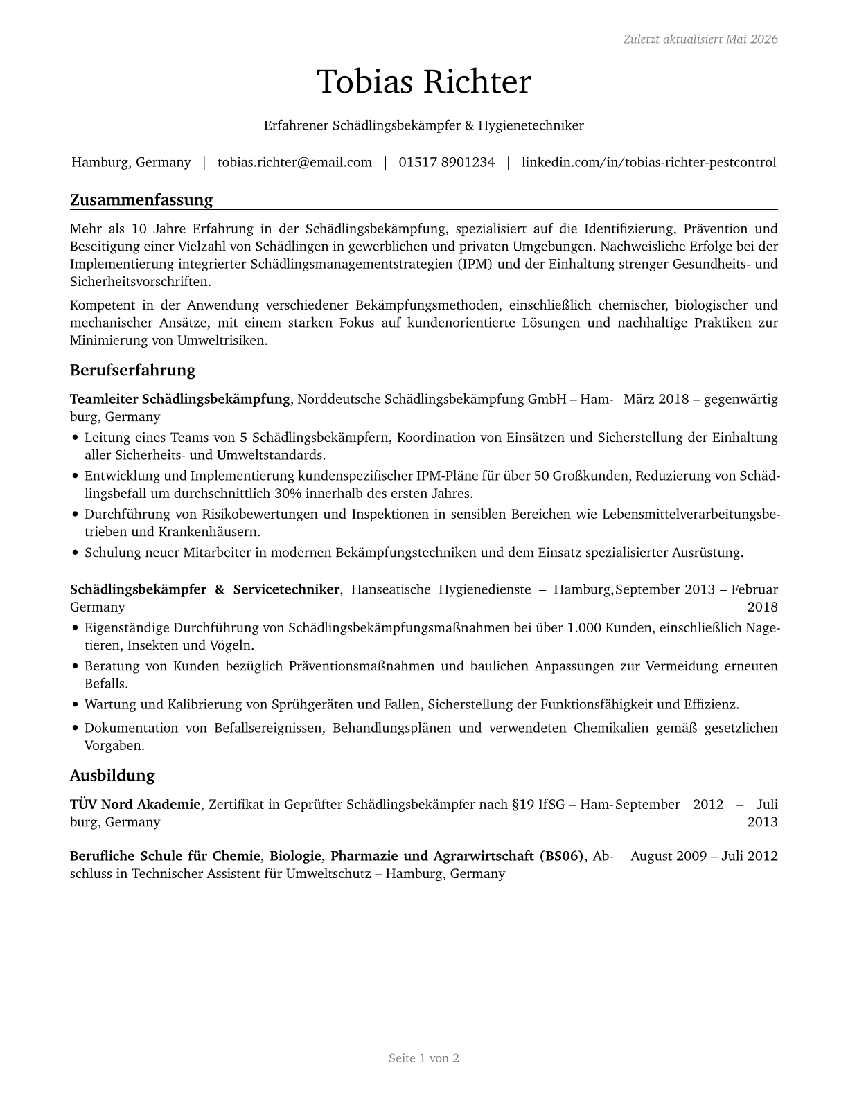 Pest Control Workers CV in German — page 1