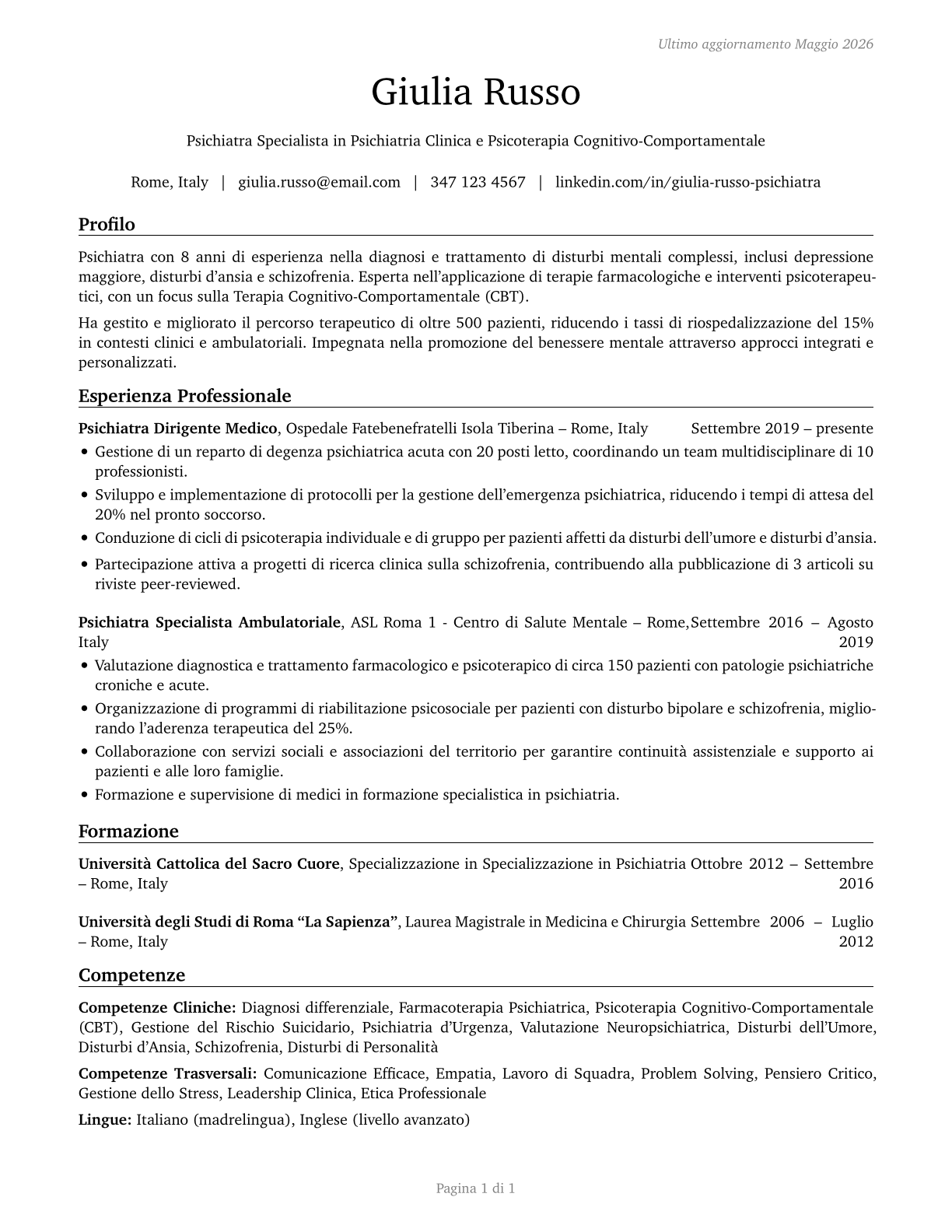 Psychiatrists CV in Italian — page 1