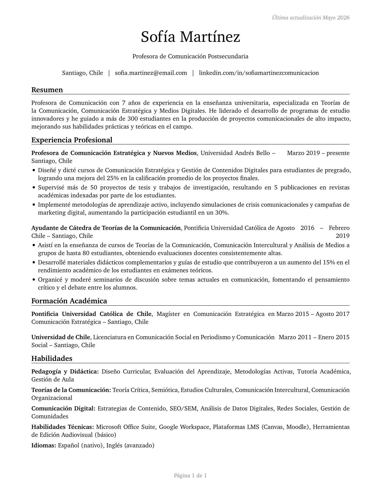Communications Teachers, Postsecondary CV in Spanish — page 1