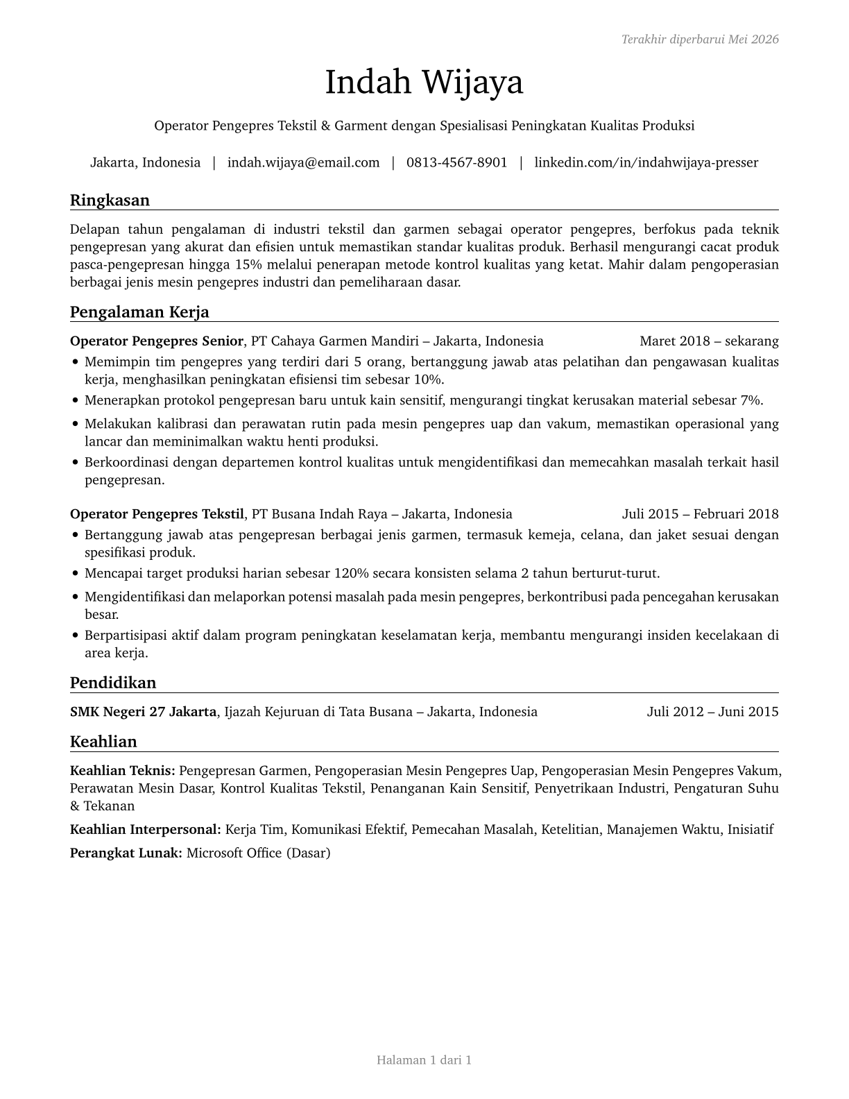 Pressers, Textile, Garment, and Related Materials CV in Indonesian — page 1